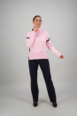 High Neck Sweater w Contrast Trim - Pink/Ink