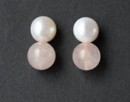 Genuine Pearl & Stone Stud Earrings -Cream/Pink