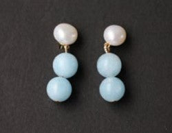 Genuine Pearl & Stone Stud Earrings -Cream/Aqua