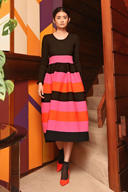 Stripe Writer Dress -Black, Pink & Orange