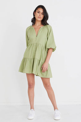 Aries Sage SS Tiered Button Front Mini Dress