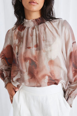 Embrace Shirred Neck LS Top -Chocolate Smudge