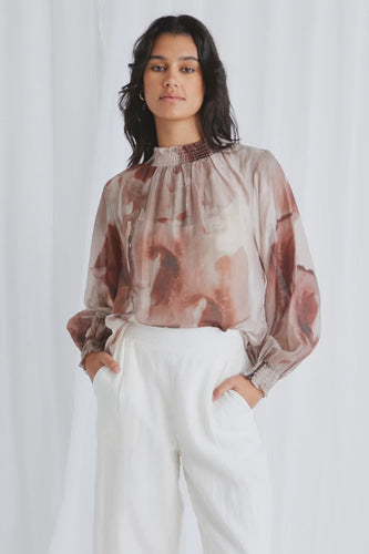 Embrace Shirred Neck LS Top -Chocolate Smudge
