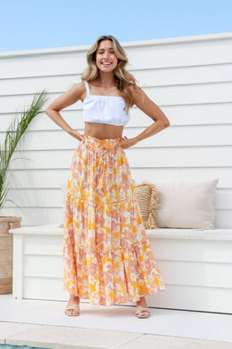 Tropical Flower Maxi Skirt - Orange