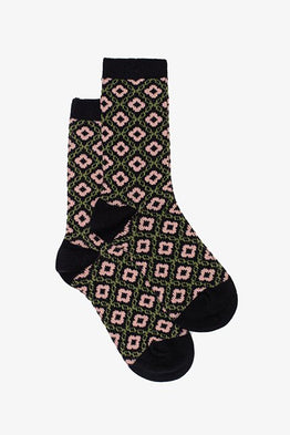 Pink Flower Grid Knit Sock