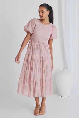 Graceful Shirred Tiered Maxi Dress -Blush Cotton