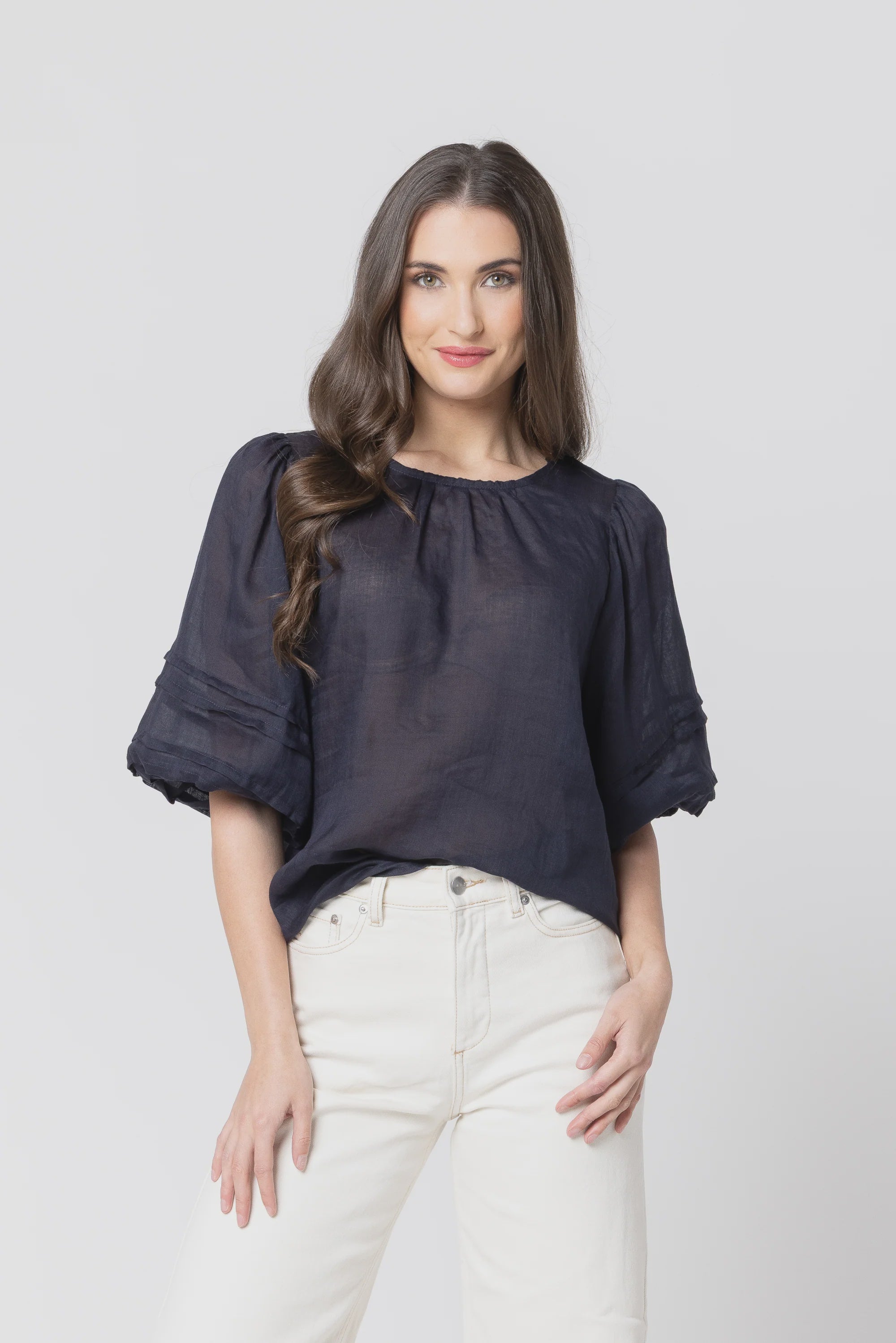 Fateful Puff Sleeve Top-Navy