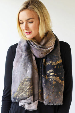 Gold Foil Marble Print Scarf -Charcoal