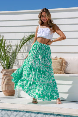 Tropical Flower Maxi Skirt - Green