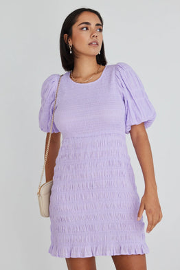 Bijou Lilac Puff Slv Shirred Mini Dress