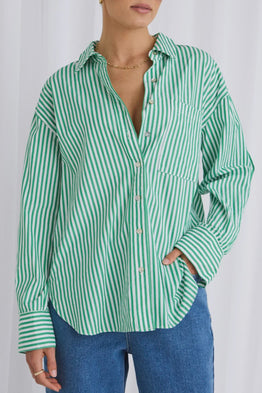 You Got This Oversized Shirt -Green Stripe Poplin