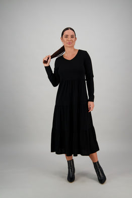 100% Merino L/S Tiered Dress -Black