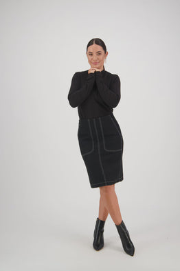 Knee Length Skirt w Front Patch Pockets -Black