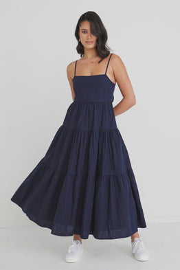 Galaxy Linen Tie Back Tiered Strappy Dress