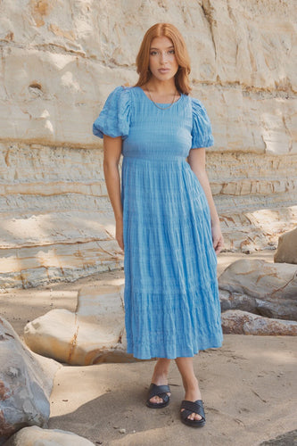 Graceful Shirred Tiered Maxi Dress -French Blue