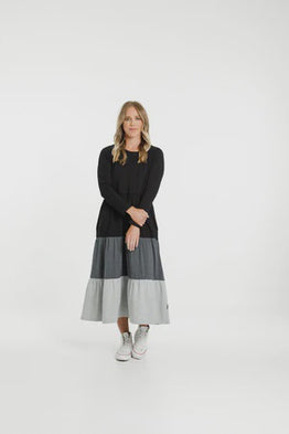 Long sleeve Kendall Dress-Blk/Charcoal/Grey