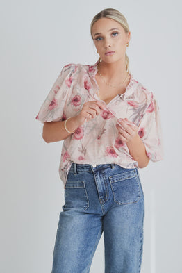 Promised Poppy Floral Bubble Sleeve Ss Top