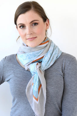 PASTEL BORDERED PAISLEY SCARF - DUCK EGG/TAUPE