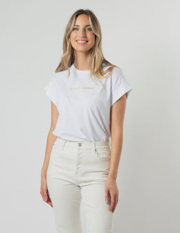 Cuff Slv T-Shirt -White w Gold Logo