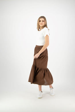 Willow Linen Tiered Midi Skirt - Mocha