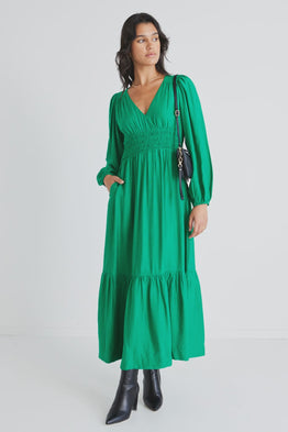 Spark Textured Deep V Midi Dress -Palm Green
