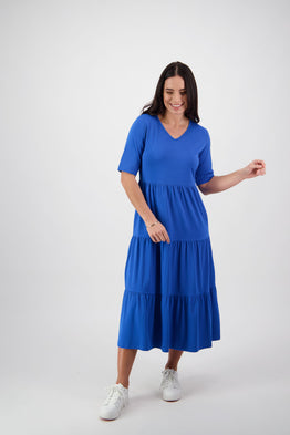 V Neck Short Sleeve Tiered Dress - Cobalt