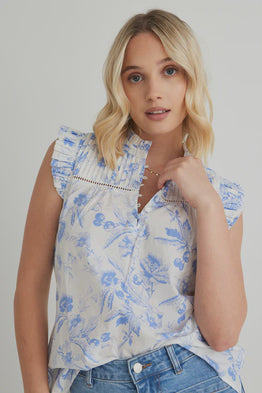 Veneto Floral Pintuck Top -French Blue